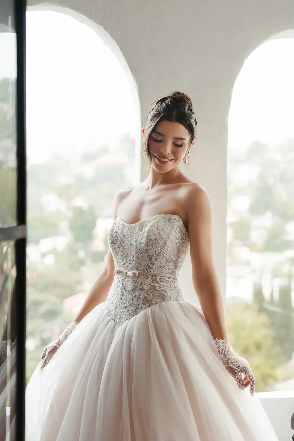Photo of the model wearing a Basque Waist gown
